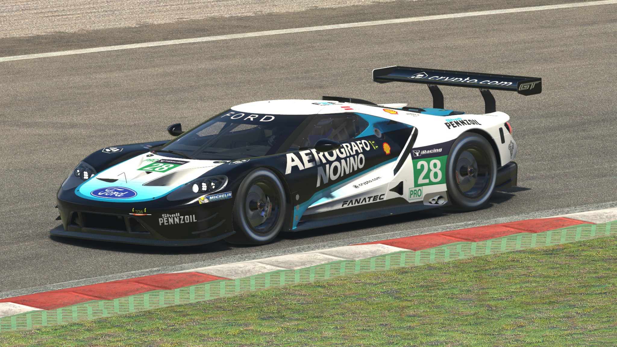 Ford GT race car with black white and blue livery