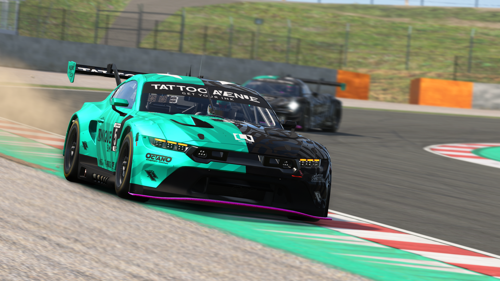 Turquoise and black Ford Mustang race car livery
